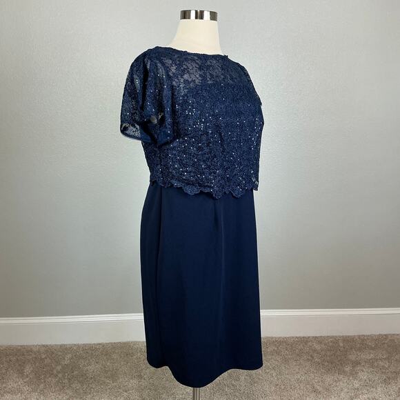 Adrianna Papell Sequined Lace Cocktail Dress Size 20W Blue Short Sleeve Sheath - Picture 2 of 14